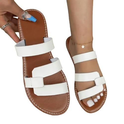 YDRABFLE Sandalen Für Damen Einfarbige Flache Sandalen Offene Zehe Outdoor Hausschuhe Strand Damenschuhe Plus Größe-Weiss-41 von YDRABFLE