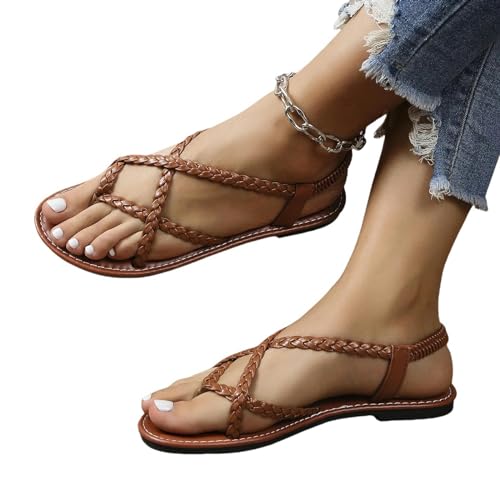 YDRABFLE Sandalen Für Damen Flache Sandalen Solid Color Woven Flip-Toe Sandalen, Frauen Tragen Strand Sandalen-Dunkel Khaki-37 von YDRABFLE