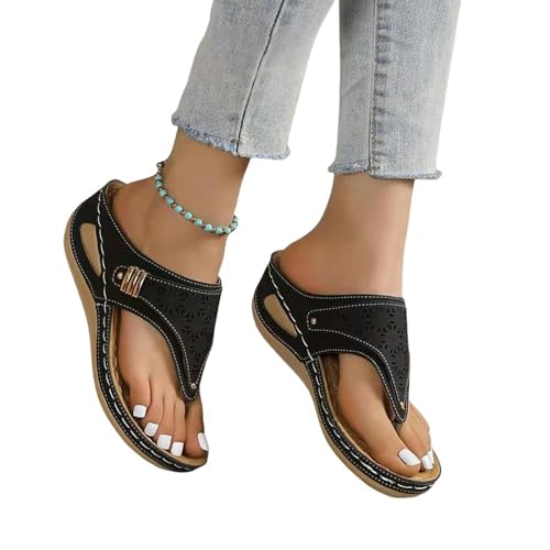 YDRABFLE Sandalen Für Damen Frauen Keil Sandalen Clip Toe Orthopädische Bogen Unterstützung Sandalen Frau Soft Plattform Flip Flops-Schwarz-36 von YDRABFLE