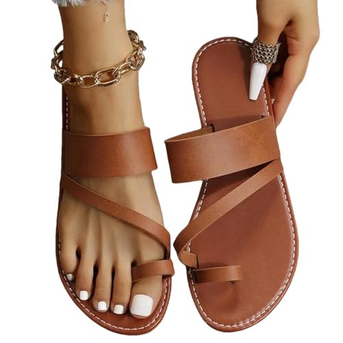 YDRABFLE Sandalen Für Damen Frauen Minimalistische String Sandalen Flache Sandalen Sommer Outdoor Strand Urlaub Freizeit Frau Schuhe-Braun-37 von YDRABFLE