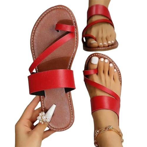 YDRABFLE Sandalen Für Damen Frauen Minimalistische String Sandalen Flache Sandalen Sommer Outdoor Strand Urlaub Freizeit Frau Schuhe-Rot-37 von YDRABFLE