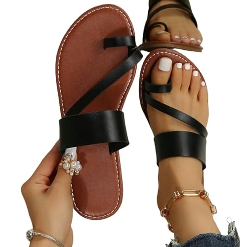 YDRABFLE Sandalen Für Damen Frauen Minimalistische String Sandalen Flache Sandalen Sommer Outdoor Strand Urlaub Freizeit Frau Schuhe-Schwarz-38 von YDRABFLE