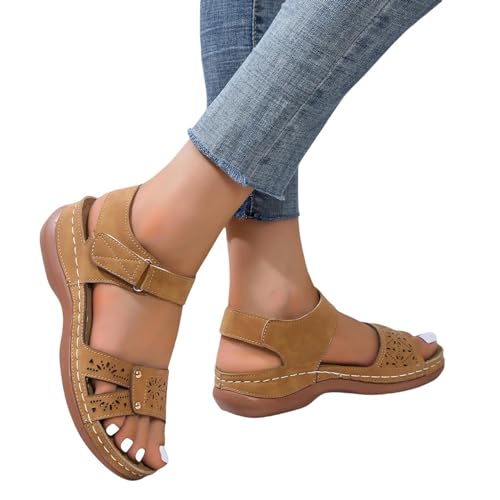 YDRABFLE Sandalen Für Damen Frauen Sandalen Offene Zehe Soft Stitching Damen Sandalen Bequeme Keilschnalle Schuhe Damen Sandalen-Hellbraun-38 von YDRABFLE