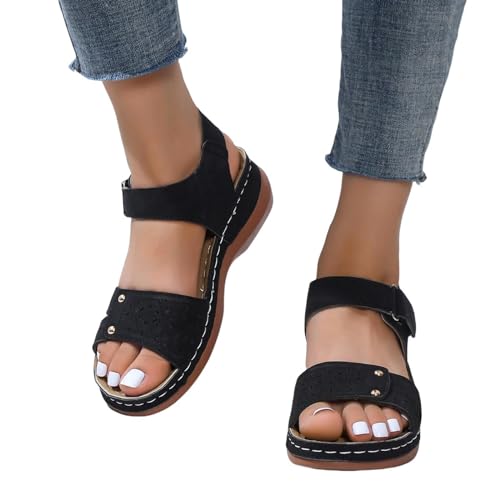 YDRABFLE Sandalen Für Damen Frauen Sandalen Offene Zehe Soft Stitching Damen Sandalen Bequeme Keilschnalle Schuhe Damen Sandalen-Schwarz-38 von YDRABFLE