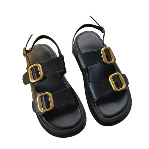 YDRABFLE Sandalen Für Damen Plattform Damen Sandalen Frauen Flache Sandalen Casual Metall Schnalle Soft Bottom Damen Sandalen-Schwarz-35 von YDRABFLE