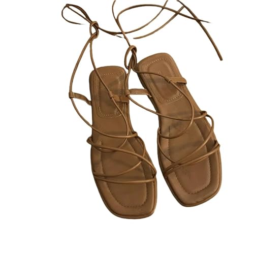 YDRABFLE Sandalen Für Damen Sandalen Frauen Strand Flat Casual Cross-Tie Offene Zehe Schmale Band Schuhe Schwarz Sandalen-Q61Brown-37 von YDRABFLE