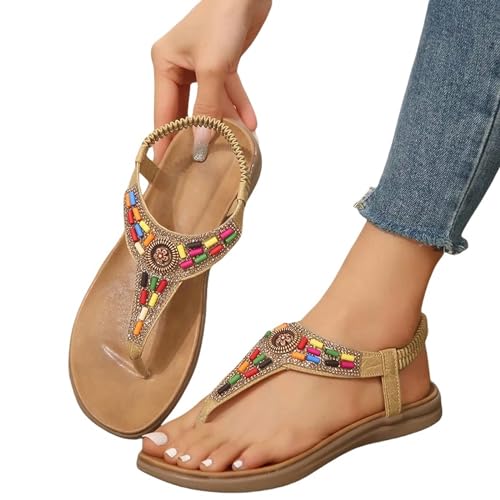 YDRABFLE Sandalen Für Damen Sandalen Für Frau Flat Heels Bunte Perlen Strand Flip Flops Frauen Rutschfeste Schuhe-Gelb-41 von YDRABFLE