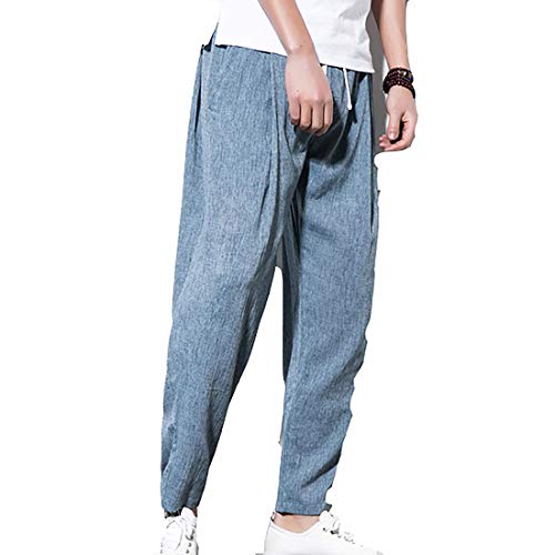 YDSH Herren Bequeme Leichte Freizeithose Mit Taschen Weite Leinenhose Caprihose Für Männer,Herren Baggy Leinenhose Haremshose Hippie Casual Weite Chino Hose Mit Kordel von YDSH