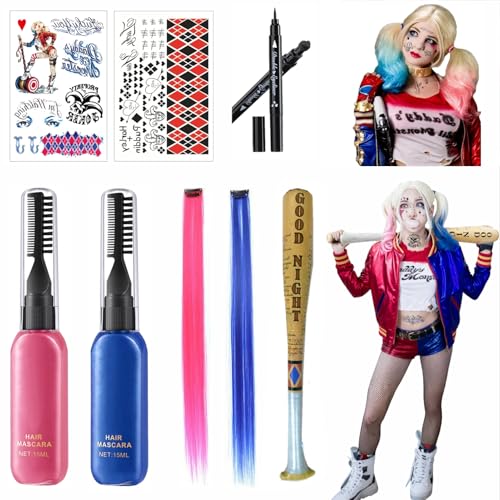 Halloween-Kostüm-Set,Temporärer Haarfarbe & Tattoos,Perückenstücken Rosa Blau mit Baseballschläger – Filmhelden-Look (Rosa Blau) von YDUNARISE