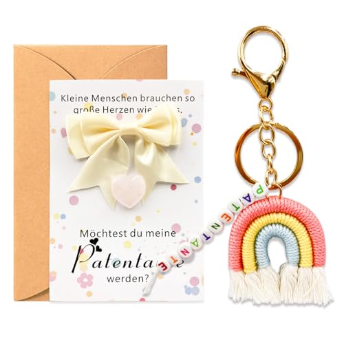 YDUNARISE Patentante Fragen,- Willst du meine Patentante sein - mit Patentante Schlüsselanhänger,Rosa Glückssteine,Schleife und Karte (Regenbogen) von YDUNARISE