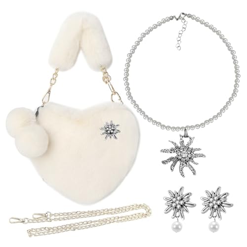 YDUNARISE Trachten Schmuck Set Damen,Perlen-Trachtenkette mit Strass-Edelweiß,Trachtenohrringe,Plüsch Herztasche,Oktoberfest Accessoires von YDUNARISE