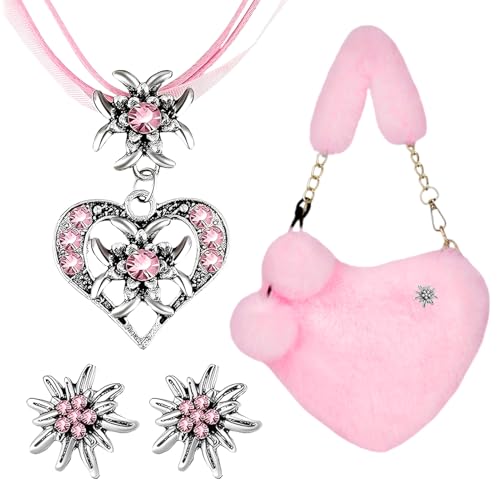 YDUNARISE Trachten Schmuck Set Damen mit Oktoberfest Tasche | Edelweiß Herz Halskette & Ohrringe mit Strass | Plüsch Herztasche | Oktoberfest Accessoires (Rosa) von YDUNARISE