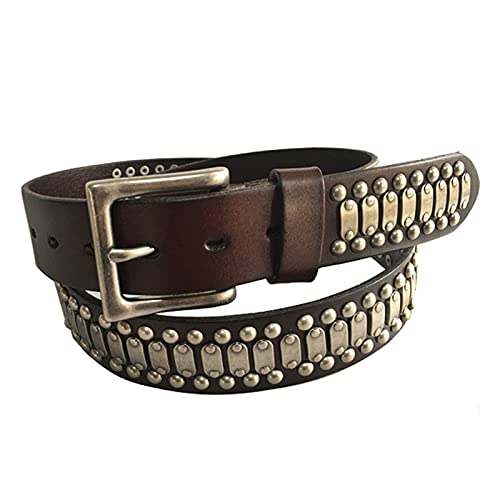 YDYBY 3 Reihen Metall Nieten Echtleder Gürtel 105cm - 125cm Länge kürzbar Versch Farben und Größen Punk Rock Style Nietengürtel für Herren Damen,Braun,110CM von YDYBY
