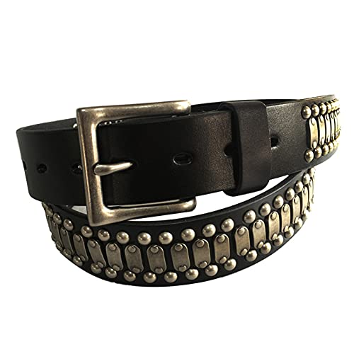 YDYBY 3 Reihen Metall Nieten Echtleder Gürtel 105cm - 125cm Länge kürzbar Versch Farben und Größen Punk Rock Style Nietengürtel für Herren Damen,Schwarz,115CM von YDYBY