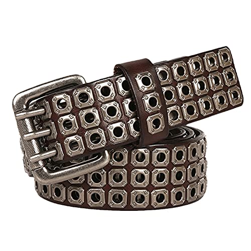 YDYBY Herren Damen 3 Reihen Nieten Echtleder Gürtel Punk Rock Style Nietengürtel für Oder Gothic-Outfits 105cm - 125cm Länge,Braun,120CM von YDYBY