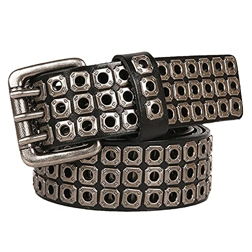 YDYBY Herren Damen 3 Reihen Nieten Echtleder Gürtel Punk Rock Style Nietengürtel für Oder Gothic-Outfits 105cm - 125cm Länge,Schwarz,125CM von YDYBY