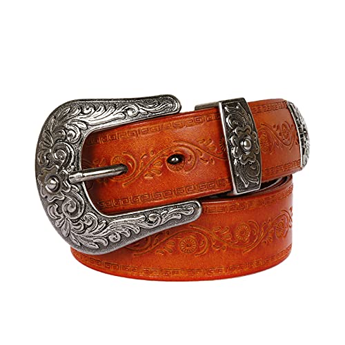 YDYBY Vintage Western Style Echtleder Gürtel für Herren Damen 105cm - 125cm Länge Fashion Embossed Pattern Nietengürtel für Oder Gothic-Outfits,Orange,125CM von YDYBY