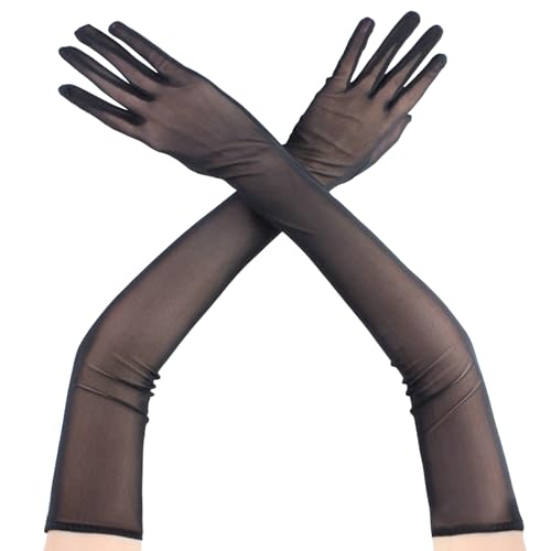 Lange Tüll Handschuhe 55cm Halb Transparent Ellenbogen Länge Handschuhes Langes Dehnbare Schwarze Transparente Handschuhe- Lang Netzhandschuhe Für Hochzeit Braut Halloween Tanz Kostüm Abend Party von YDYSAA