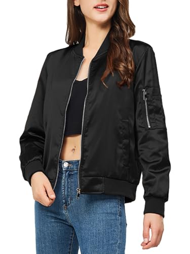 YEABEDA Damen-Satin-Bomberjacke mit Reißverschluss, lässig, winddicht, mit Taschen, Schwarz:, M von YEABEDA