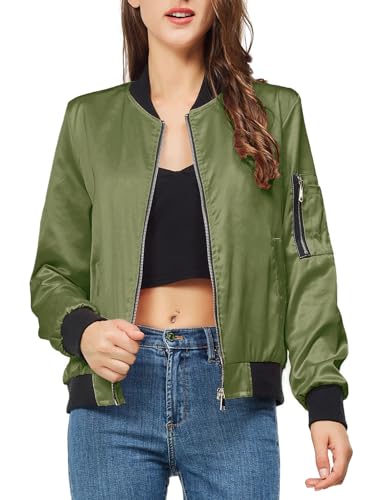 YEABEDA Satin Bomberjacke Frauen Casual Herbst Varsity Jacken Zip Up Oberbekleidung Windbreaker mit Taschen, Grün , XXL von YEABEDA