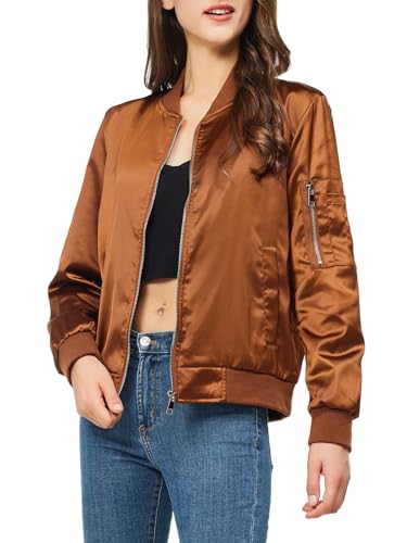 YEABEDA Satin Bomberjacke Frauen Casual Herbst Varsity Jacken Zip Up Oberbekleidung Windbreaker mit Taschen, Kaffee, L von YEABEDA