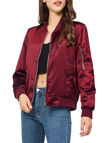 YEABEDA Satin Bomberjacke Frauen Casual Herbst Varsity Jacken Zip Up Oberbekleidung Windbreaker mit Taschen, Weinrot, XL von YEABEDA
