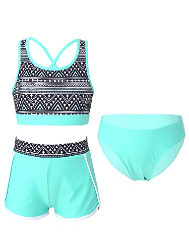 Yeahdor Kinder Mädchen Tankini Set Bikini Kurz Schwimm Oberteil mit Badeslip + Badeshorts Badeanzug Schwimmen Surfen Badekleidung A Minzgrün 158-164 von Yeahdor