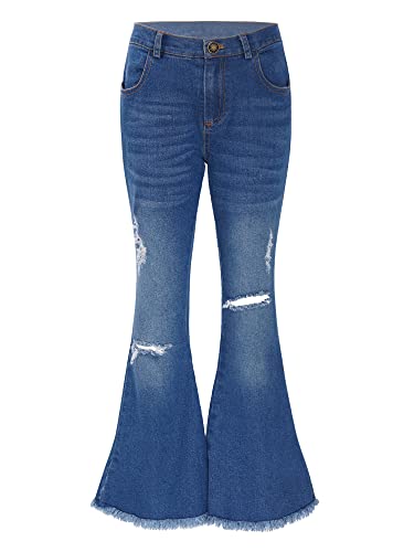 Yeahdor Mädchen Jeanshose Lang Denim Hose Stretch Schlaghose Jeans mit Rüschen Destroyed Stil Pants Freizeit Urlaub J Blau V 146-152 von Yeahdor