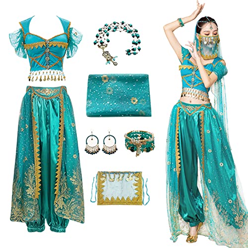 YEAJION Damen Prinzessin Jasmin Kostüm mit Zubehör Prinzessin Aladdin Cosplay Kostüm Bauchtanz Outfit Halloween Karneval Party Bühnenauftritt Kostüm für Erwachsene von YEAJION