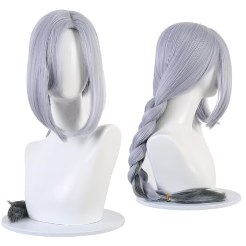 YEAJION Genshin Impact Cosplay Shenhe Perücke Lange Silber mit Zöpfen Genshin Cosplay Verkleidung Silber Cosplay Wig Halloween Karneval Party Anime Cosplay Kostüm Zubehör Erwachsene von YEAJION