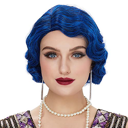 YEAJION Kurze 1920er Jahre Perücke Blau Finger Wave Perücken Lockige Vintage Perücken für Frauen Damen Halloween Karneval Fasching Motto Party Cosplay Perücke von YEAJION