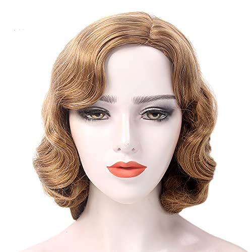 YEAJION Kurze 1920er Jahre Perücke Braun Finger Wave Perücken Lockige Vintage Perücken für Frauen Damen Halloween Karneval Fasching Motto Party Cosplay Perücke von YEAJION