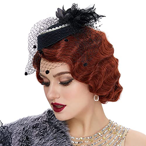 YEAJION Kurze 1920er Jahre Perücke Braun Finger Wave Perücken Lockige Vintage Perücken für Frauen Damen Halloween Karneval Fasching Motto Party Cosplay Perücke von YEAJION