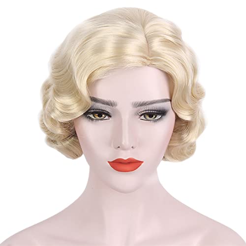 YEAJION Kurze 1920er Jahre Perücke Gold Finger Wave Perücken Lockige Vintage Perücken für Frauen Damen Halloween Karneval Fasching Motto Party Cosplay Perücke von YEAJION