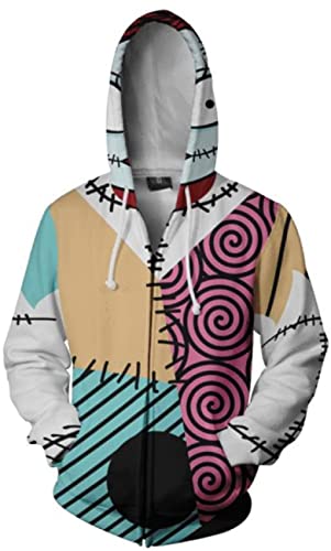 YEAJION Sally Jack Skellington Kostüm Erwachsener Kinder Skelett Gedruckt Kapuzenpullover Sweatshirt mit Reißverschlusstasche Herren Damen Cosplay Halloween Karneval Party Höhe 100-205 cm von YEAJION