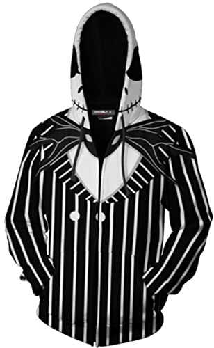 YEAJION Sally Jack Skellington Kostüm Erwachsener Kinder Skelett Gedruckt Kapuzenpullover Sweatshirt mit Reißverschlusstasche Herren Damen Cosplay Halloween Karneval Party Höhe 100-205 cm von YEAJION