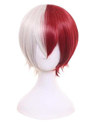 YEAJION Todoroki Shoto Cosplay Perücke Rot und Weiß Kurz Anime My Hero Academia Cosplay Verkleidung Shoto Todoroki Wig Halloween Karneval Party Cosplay Kostüm Zubehör Erwachsene von YEAJION