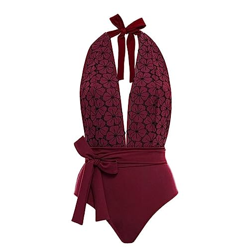 Einteiliger Badeanzug mit Schnürung und engem Print Badeanzug mit langem Rock, Burgunderrot, S von YEAMKE