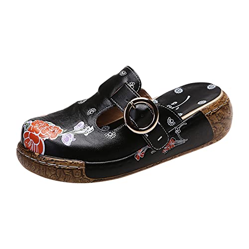 YEARSTAY Sandalen Damen Vintage Blumendruck Plattform Flache Keilabsatz Pantoffeln Wedges Sandaletten für Geschlossene Slingback Pantoletten Mädchen Sommer Strand Römersandalen, Schwarz, 40 EU von YEARSTAY