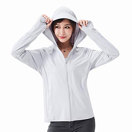 Damen Herren UPF 50+ UV Sonnenschutz Hoodie Zip Down Langarm Wandershirt Outdoor Laufen Angeln, grau, S-M von YEASQGS