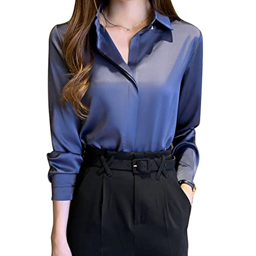 YEASQGS Satin Seide Bluse für Frauen Button Up Seide Hemd Vintage Bluse Lady Langarm Shirts, blau, 36-38 von YEASQGS