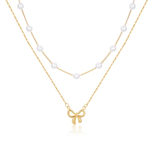 YEATMUE Goldperlen-Halskette und Schleifen-Halskette für Frauen, Süßwasserperlenketten, mehrlagige Chokerkette, niedlicher kleiner kleiner Schleifen-Anhänger, trendig für Frauen, niedliches YEATMUE Goldperlen-Halskette und Schleifen-Halskette für Frauen, Süßwasserperlenketten, mehrlagige Chokerkette, niedlicher kleiner kleiner Schleifen-Anhänger, trendig für Frauen, niedliches von YEATMUE