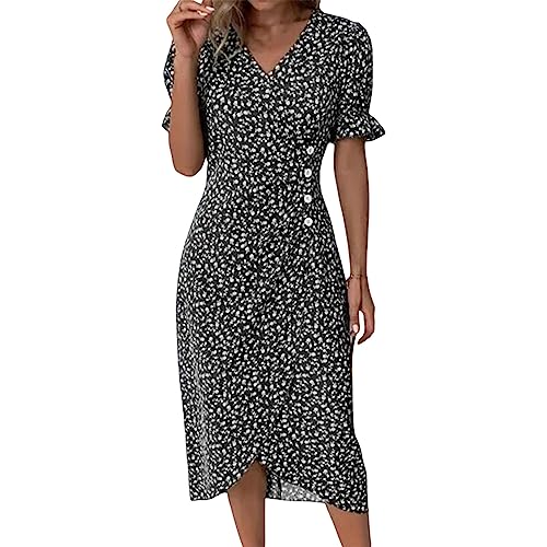 Angebote Tages blitzangebote Sommerkleid Damen Kurzarm v Ausschnitt Damenkleid Elegante Plissee Tunikakleid Casual Floral Print Dress Ausschnitt Loose Boho Kleidung Damen von YEBIRAL