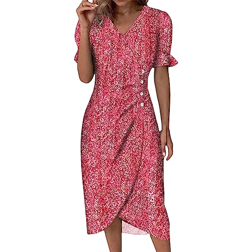 Angebote des Tages Heute Damen Sommerkleid Damen Kurzarm v Ausschnitt Damenkleid Elegante Plissee Tunikakleid Casual Floral Print Dress Ausschnitt Loose Kleid Hochzeitsgast Damen von YEBIRAL