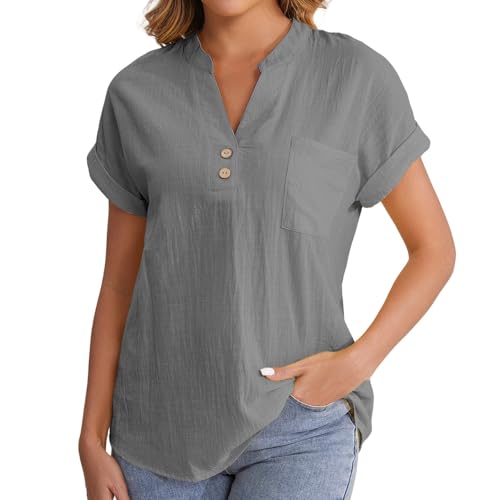 Bluse Leinen Damen Leinenhemd Damen Leinenblusen mit Tasche Plus Größe Lose Passform Tunika Shirt Lässig Knopf V-Ausschnitt Kurzarm Boho Shirts Oberteile Elegant von YEBIRAL