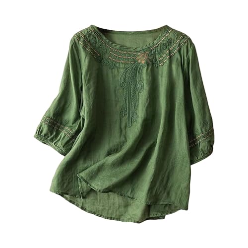 Blusen & Tuniken FüR Damen Leinen Bluse Damen Plus Größe Kurzarm Tunika Bluse Retro Jacquard Hemdbluse Baggy Lose Fit Shirt Leicht Fließenden Saum Oberteile Sommer von YEBIRAL