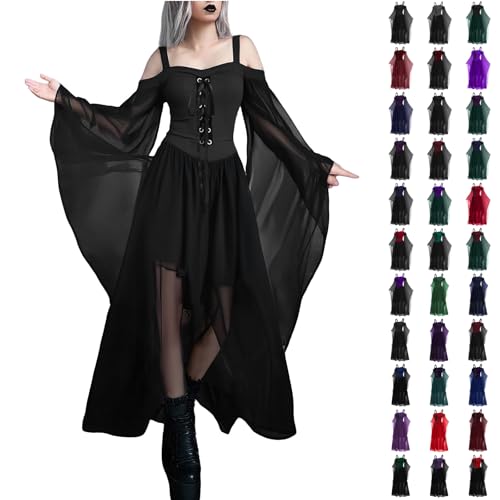Gothic Kleidung Damen xs Halloween Kleid Damen Übergroßes Mesh Mittelalter Kleid Gothic Maxikleid Schnürkleid mit Schmetterlingsärmeln Renaissance Mittelalter Kleidung Rock von YEBIRAL