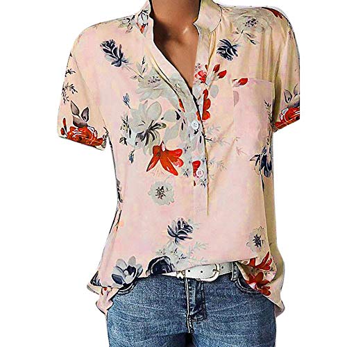 Große Größe Blusen Damen Elegante V-Ausschnitt Blumen Bluse Kurzarmshirt Sommer Casual Lose Tunika Top Hemd mit Knopfleiste Blusenshirt Tasche T-Shirt Oberteile(EUR-48/CN-5XL,Rosa) von YEBIRAL