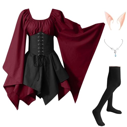 Halloween kostüm Damen Engel Mittelalter Kleidung Damen Traditionelles Renaissance Gothic Kleid Kostüm Steampunk Karneval Halloween mit Elfenohren Gothic Kleidung Rock midi von YEBIRAL