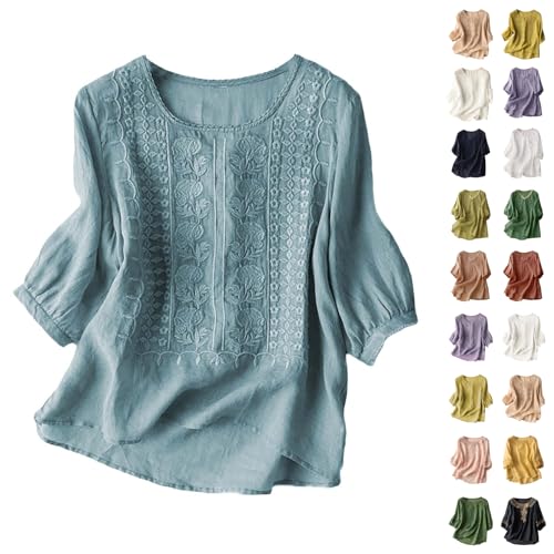 Hemdbluse Damen Leinen Bluse Damen Plus Größe Kurzarm Tunika Bluse Retro Jacquard Hemdbluse Baggy Lose Fit Shirt Leicht Fließenden Saum Cordhemd von YEBIRAL
